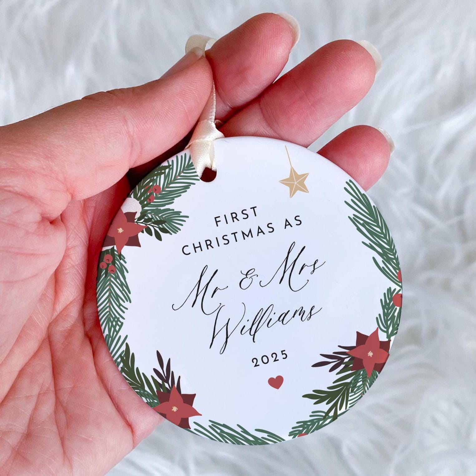 Personalised First Christmas as Mr & Mrs Ornament Custom Wedding Keepsake Gift for Couple Wreath Newlywed Bauble with Last Name