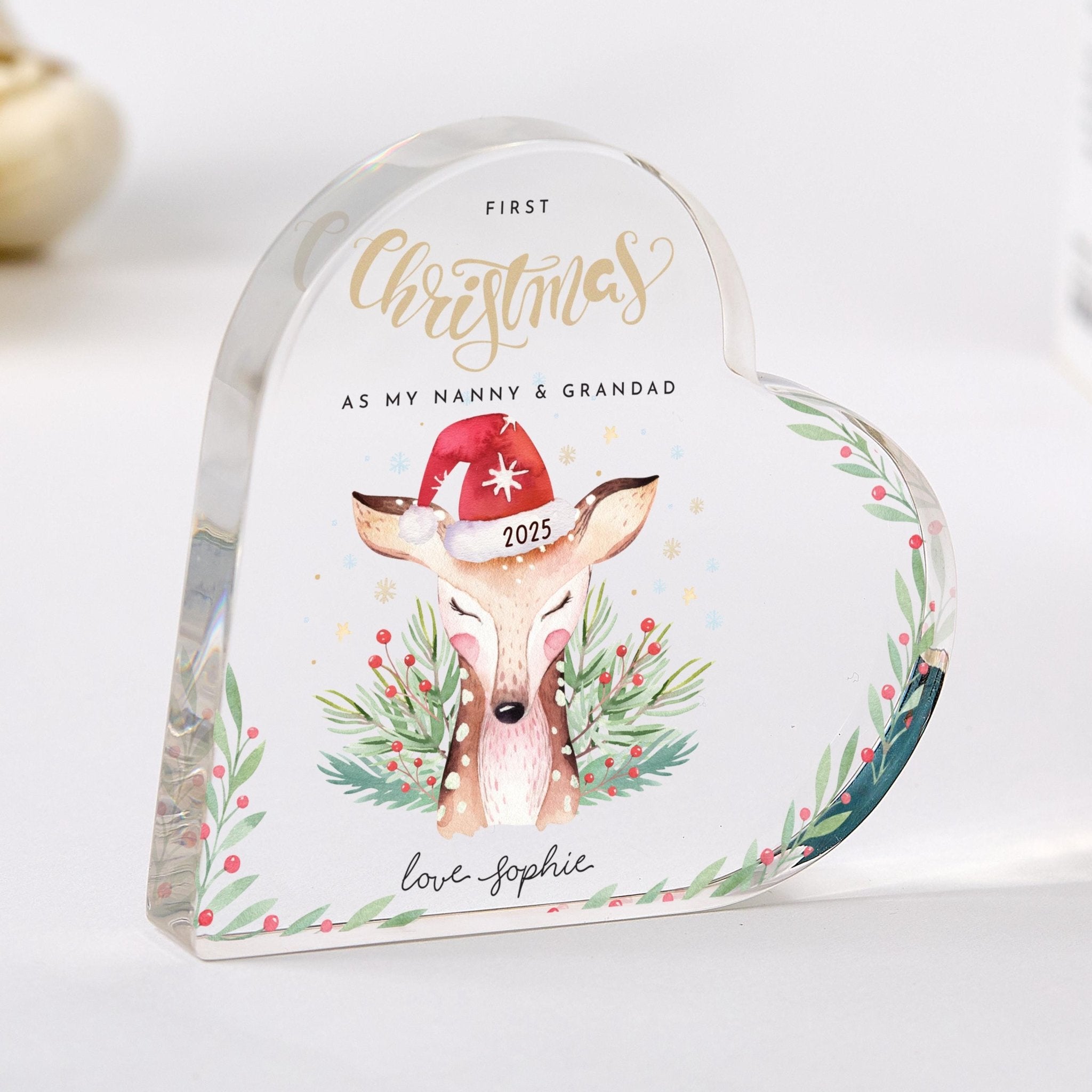Personalised First Christmas as My Nanny & Grandad Gift for New Grandparents – Acrylic Plaque – Cute Reindeer Design Keepsake