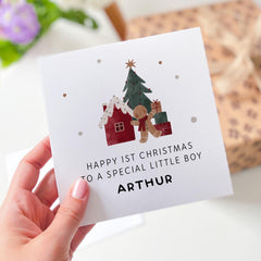 Personalised First Christmas Card for Little Boy – Cute Gingerbread & Tree Design – Custom Xmas Keepsake for Son, Grandson, Nephew or Godson