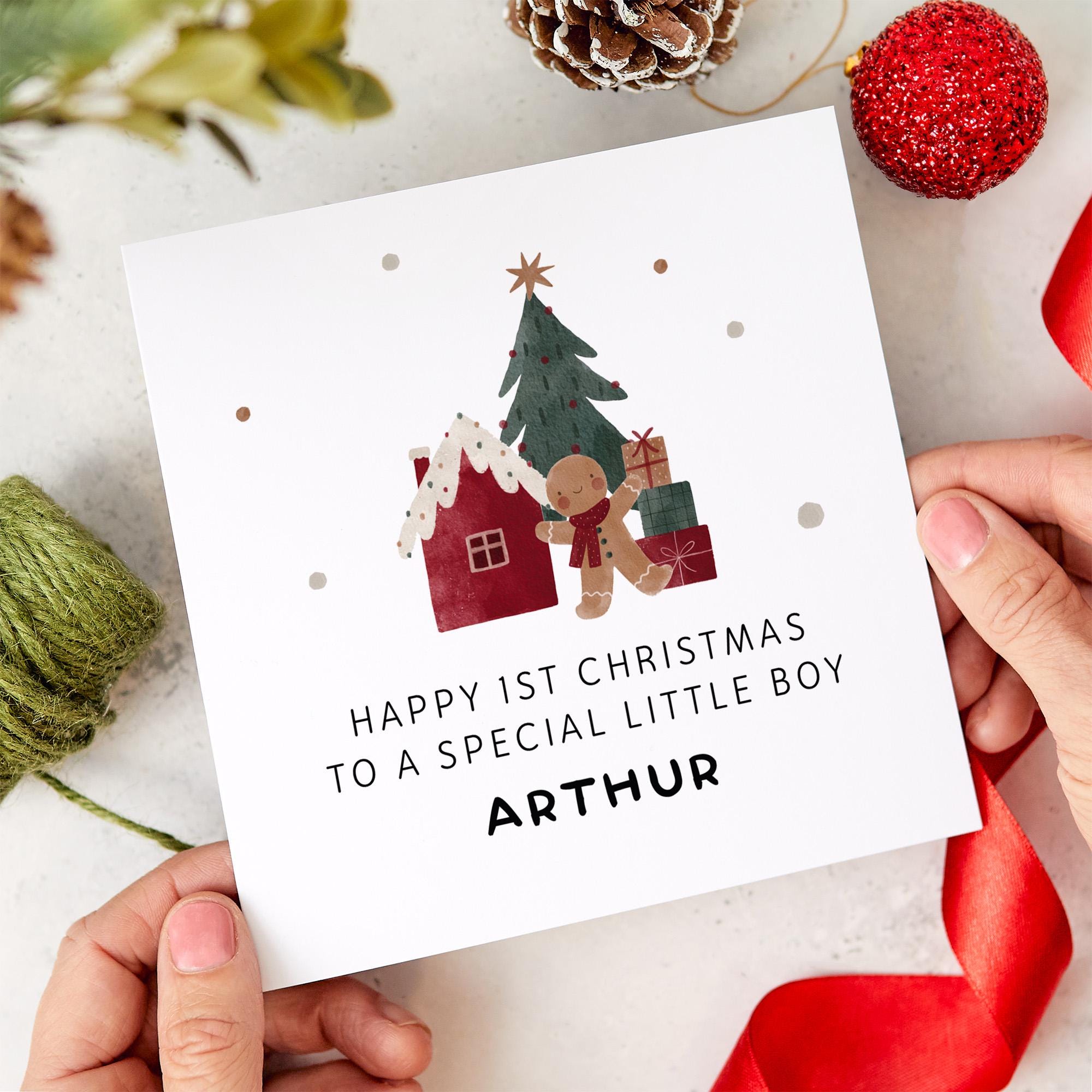 Personalised First Christmas Card for Little Boy – Cute Gingerbread & Tree Design – Custom Xmas Keepsake for Son, Grandson, Nephew or Godson