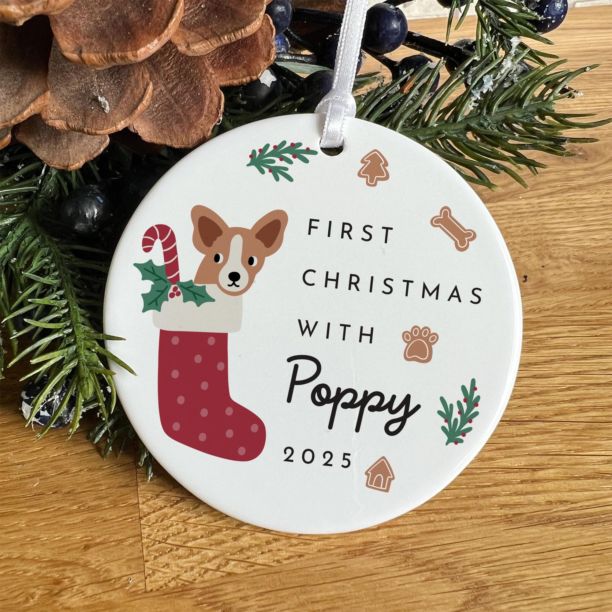 Personalised First Christmas Ceramic Ornament with Dog Gift for Puppy Dog Owner or Dog Lover Pet Keepsake Tree Decoration with Name