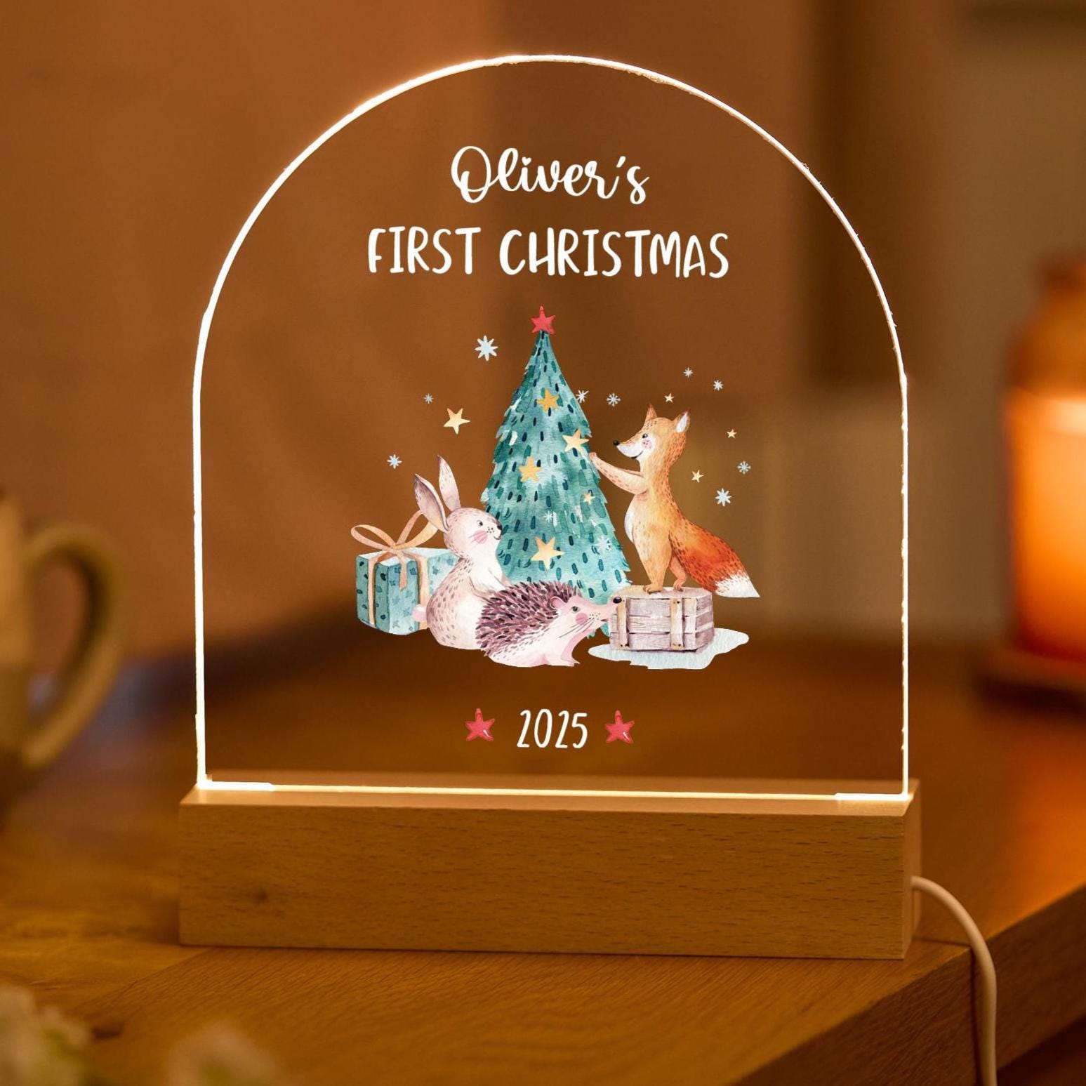 Personalised First Christmas Gift LED Light Plaque with Name Woodland Animal Night Light Keepsake for Son Daughter Niece Nephew Grandchild
