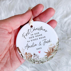 Personalised First Christmas in New Home Ceramic Ornament 1st Xmas Gift for Wife Husband Newlyweds Family Custom Address Tree Decor
