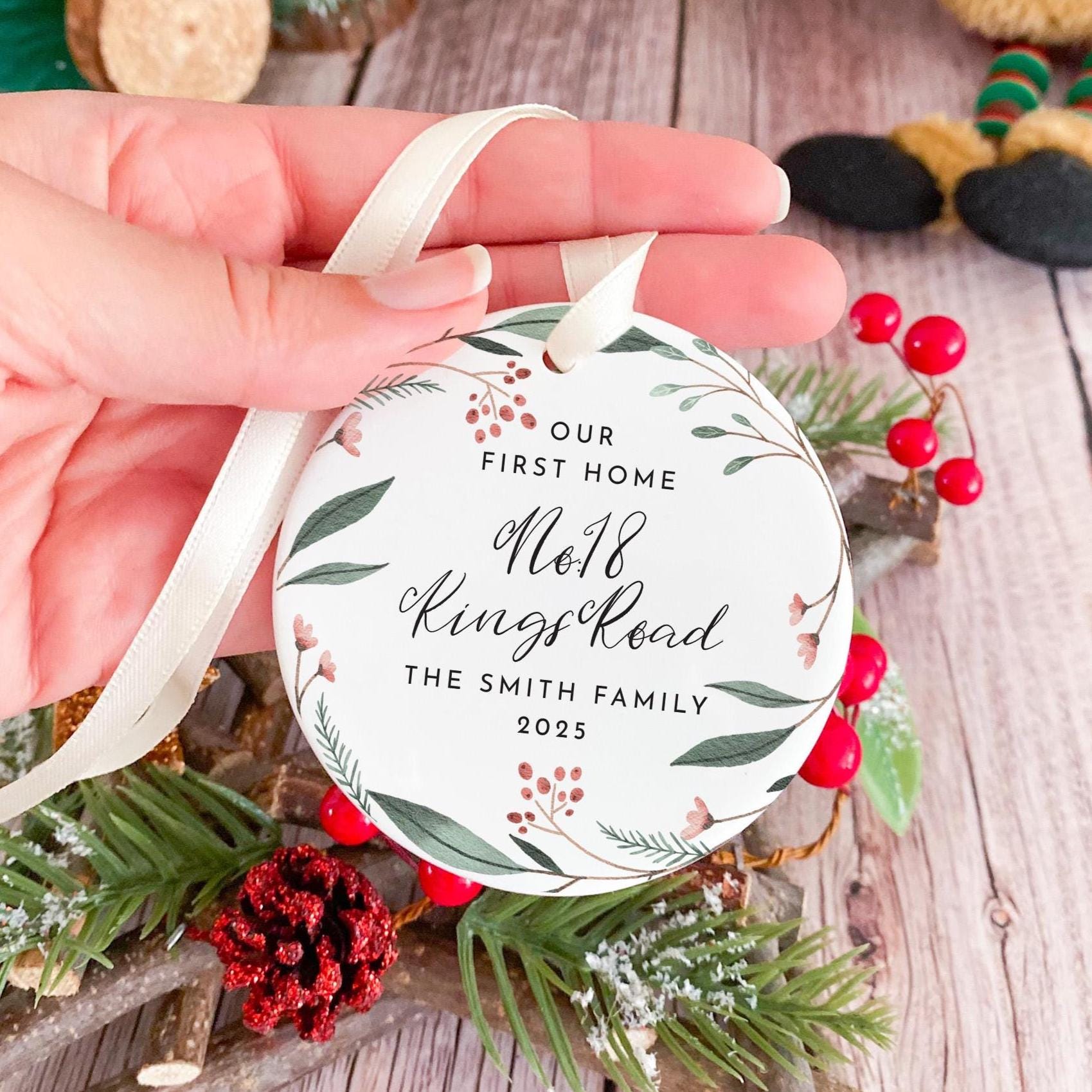 Personalised First Christmas in Our New Home Ceramic Ornament Custom Address Tree Decoration Keepsake Gift for Couple Husband Wife