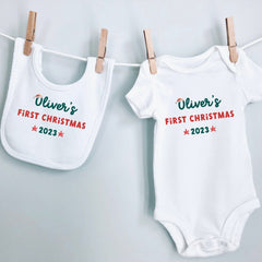 Personalised First Christmas Kids Bib, Matching Bodysuit Option, Baby Girl Baby Boy 1St Xmas 2023 Top