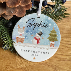Personalised First Christmas Ornament for Baby Boy Girl Cute Snowman and Reindeer Bauble Keepsake with Name