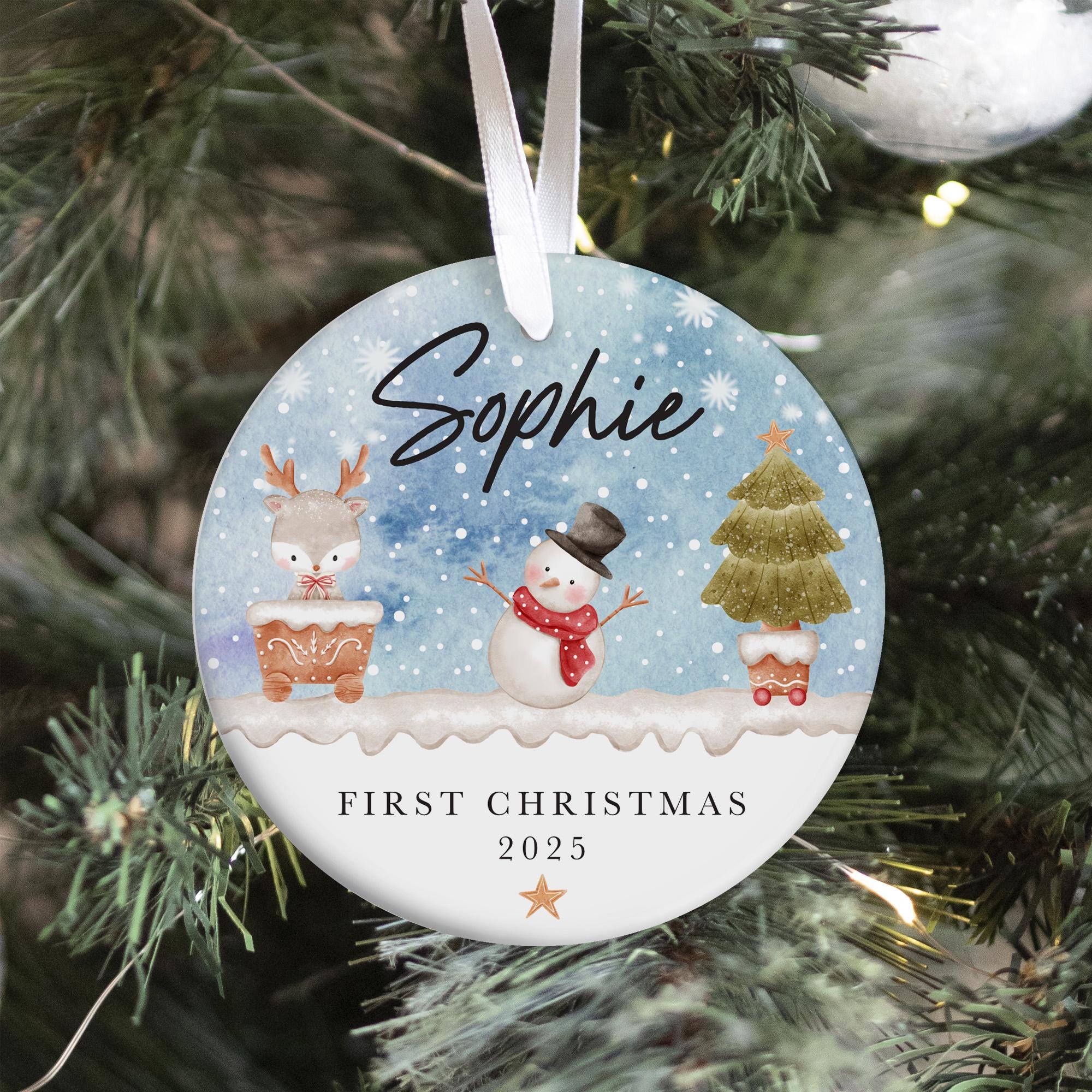 Personalised First Christmas Ornament for Baby Boy Girl Cute Snowman and Reindeer Bauble Keepsake with Name