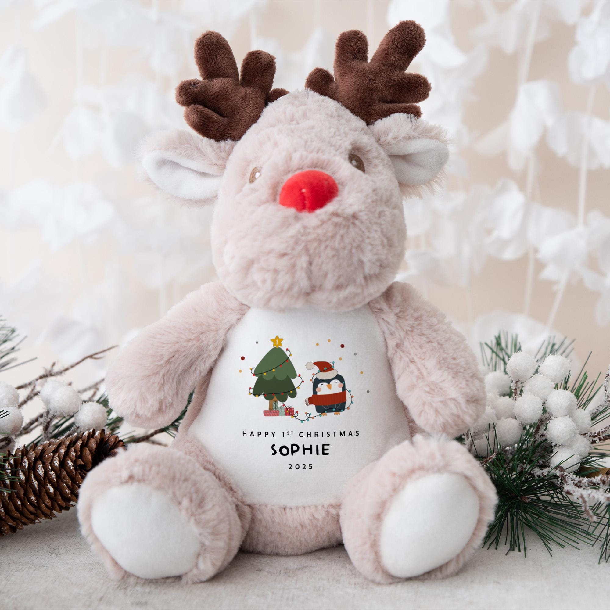 Personalised First Christmas Reindeer Teddy Gift for Baby Boy Girl Son Daughter Child Grandson Granddaughter Niece Nephew 1st Xmas Present