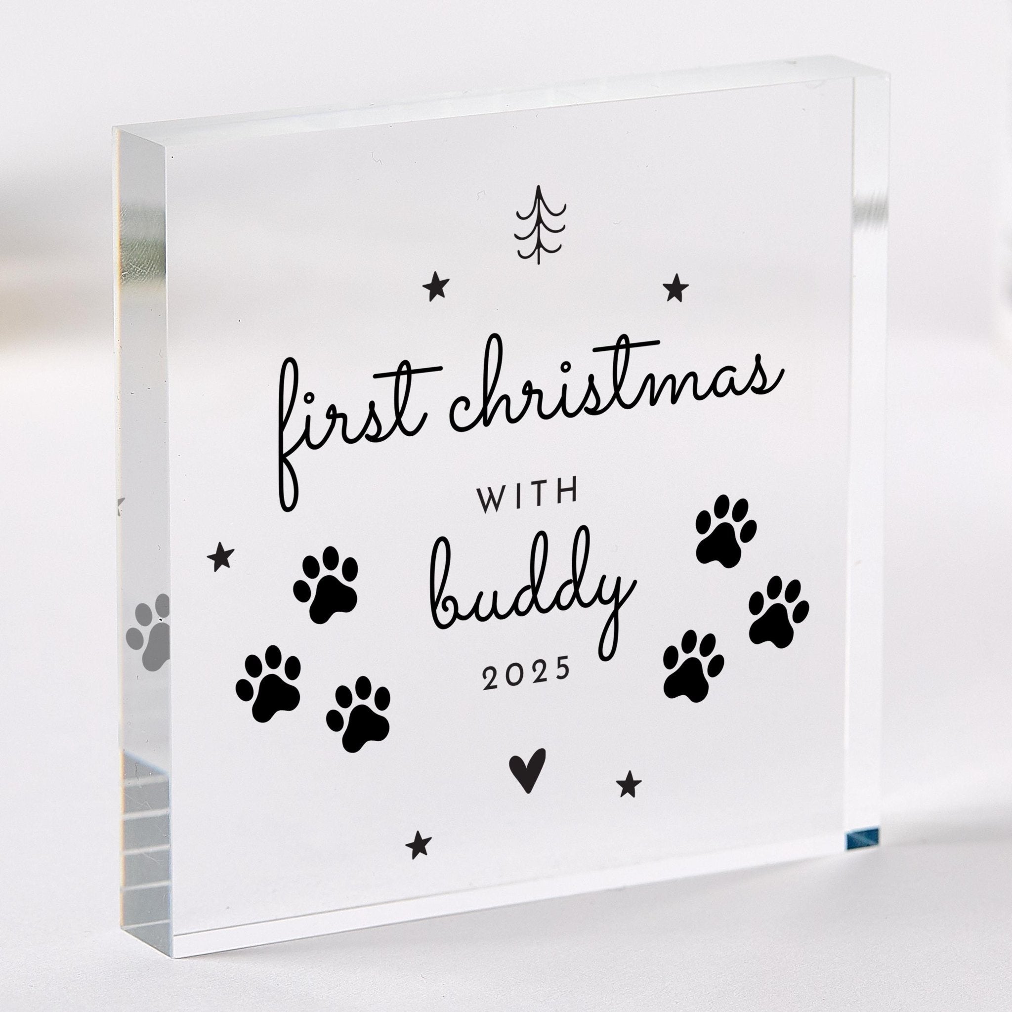 Personalised First Christmas with Pet Acrylic Plaque – Paw Print Design Keepsake for Dog or Cat Owner