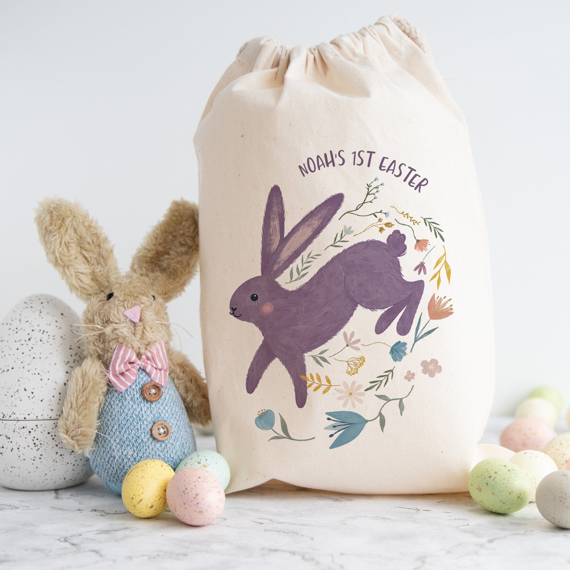 Personalised First Easter Stuff Bag Name Easter Bunny Rabbit Design Egg Hunt Bags Treat Bag