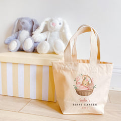 Personalised First Easter Tote Bag Gift – Bunny Egg Hunt Bag with Custom Name