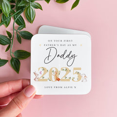 Personalised First Father's Day Mug and Coaster Gift Set for New Dad Name and Year Cute Woodland Animal Design for New Daddy 2025