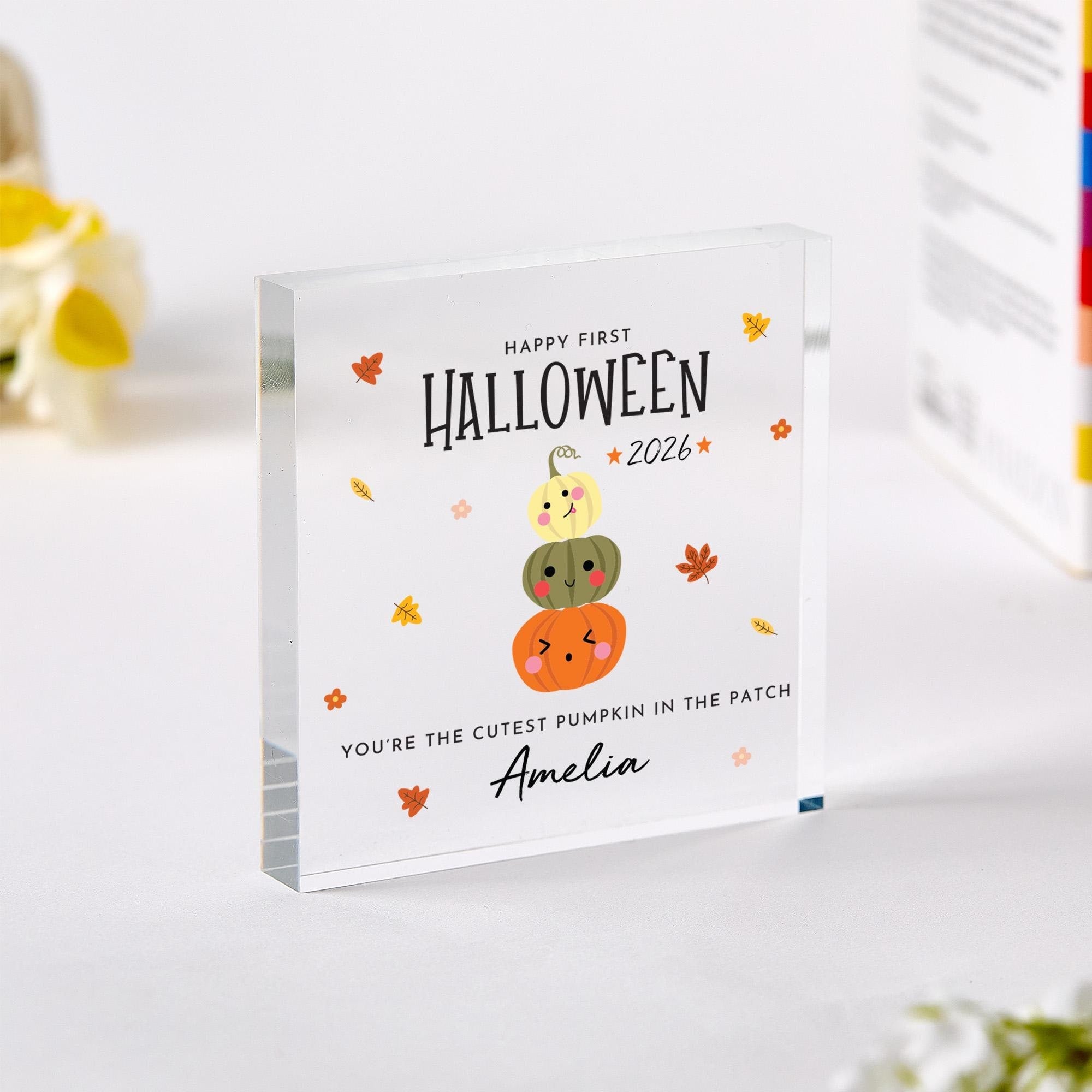 Personalised First Halloween Acrylic Block, Cute Pumpkin Baby Halloween Keepsake