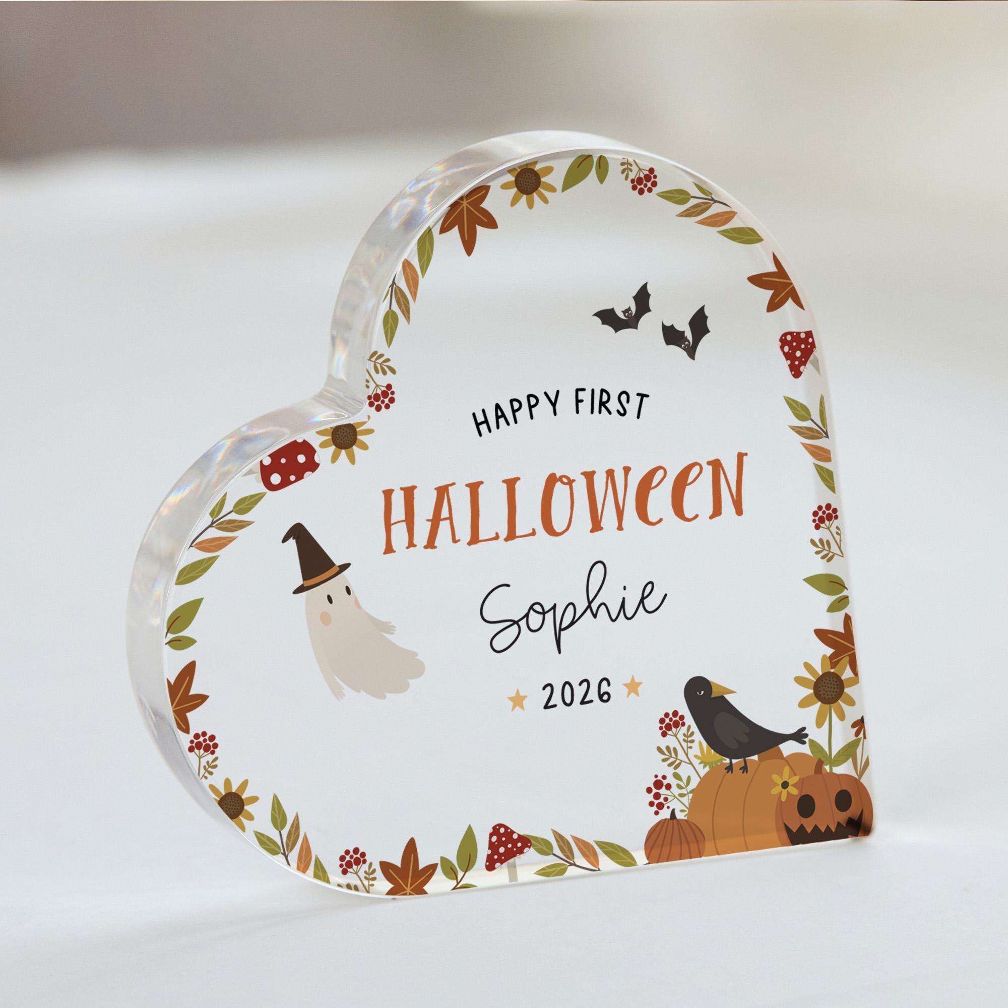 Personalised First Halloween Heart Acrylic Block, Baby’s 1st Halloween Keepsake