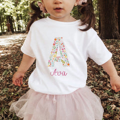 Personalised Floral Initial Baby Name T-Shirt Bodysuit Kids Birthday Spring Easter