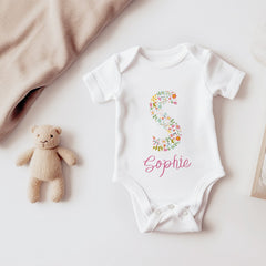Personalised Floral Initial Baby Name T-Shirt Bodysuit Kids Birthday Spring Easter