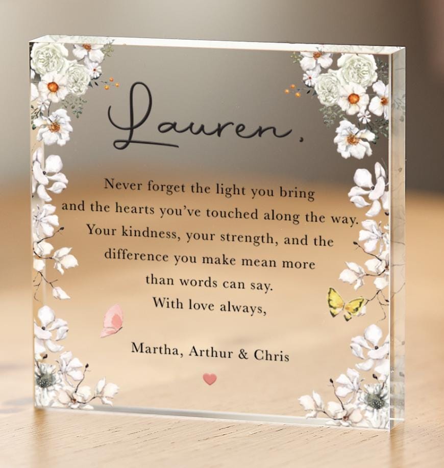 Personalised Floral Keepsake Her Custom Acrylic Block Name & Heartfelt Message Birthday Thank You Appreciation Christmas
