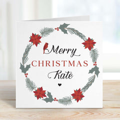 Personalised Floral Merry Christmas Card With Name For Her Him Friend Flower Wreath Cousin Grandma Mother In Law Sister - In Daughter Xmas