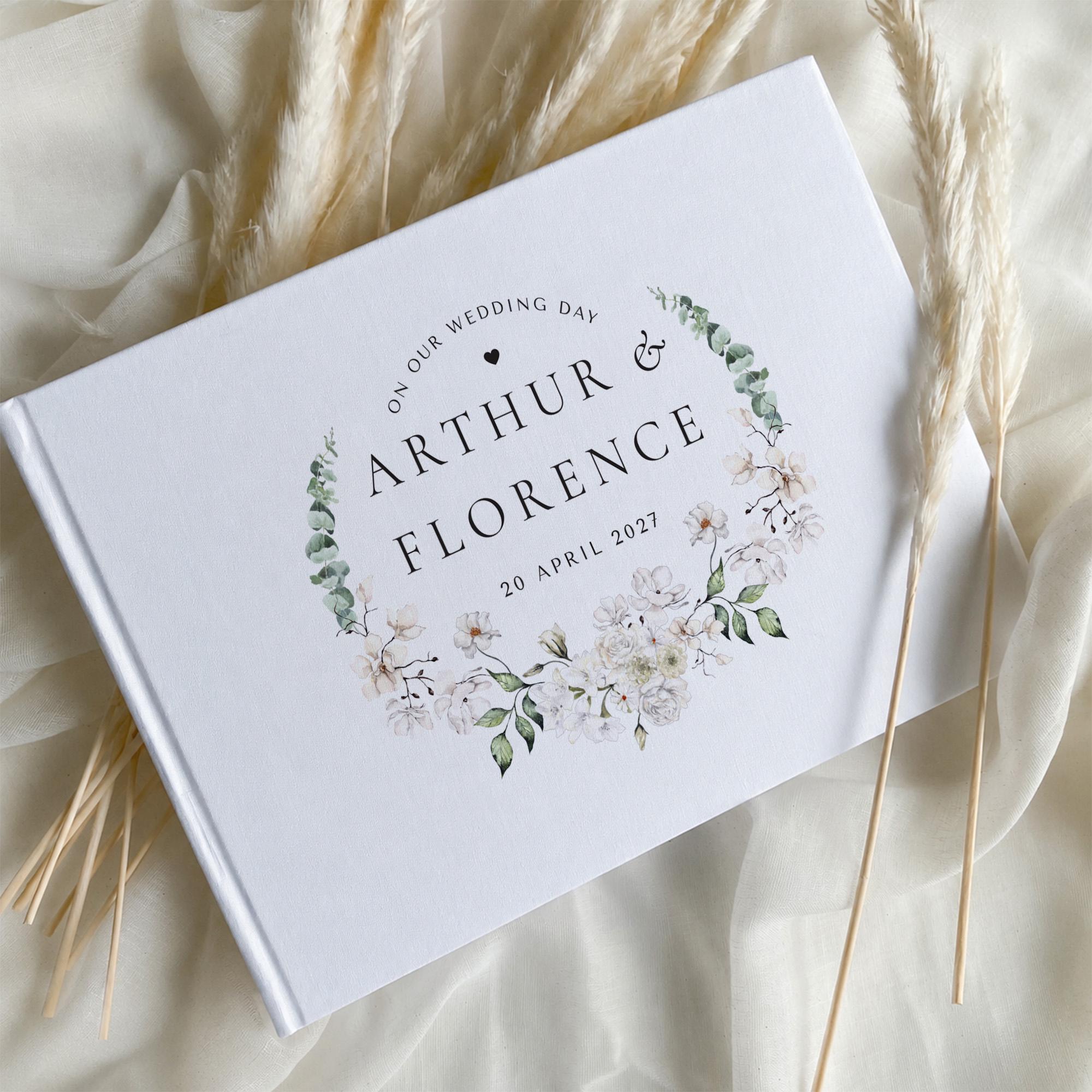 Personalised Floral Wedding Guest Book, Custom Linen Hardcover Memory Book,