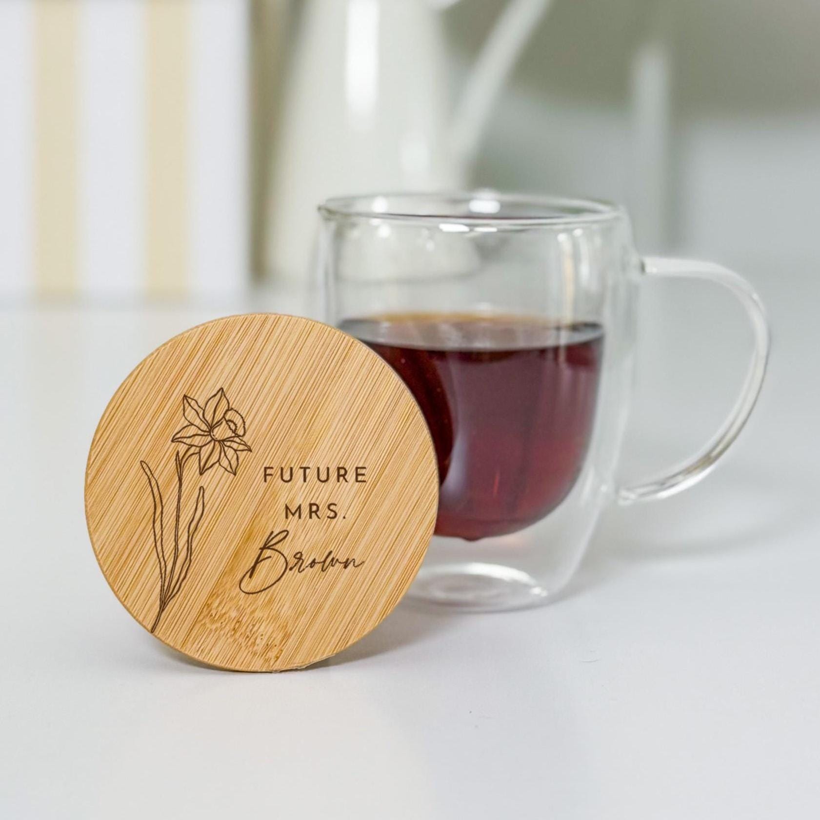 Personalised Future Mrs Double Wall Glass Mug with Engraved Bamboo Lid – Engagement Gift for Bride - to - Be
