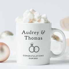 Personalised Gift for Couple on Engagement or Wedding Mug with Names and Date Elegant Ring Design Keepsake Coffee Cup