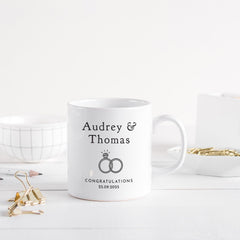 Personalised Gift for Couple on Engagement or Wedding Mug with Names and Date Elegant Ring Design Keepsake Coffee Cup