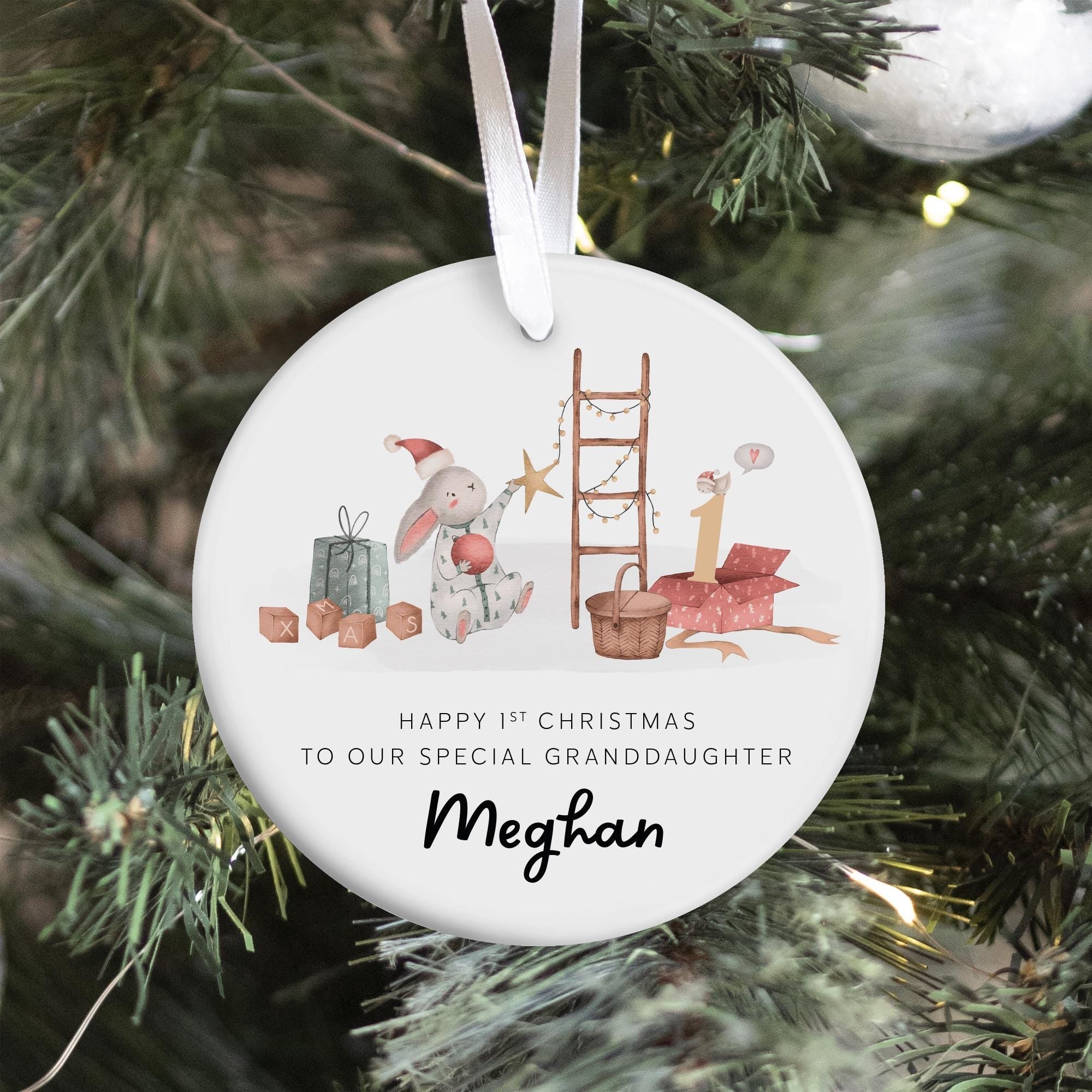 Personalised Granddaughter 1st Christmas Ornament Ceramic Bunny Tree Decoration Keepsake – Gift for Baby Girl Toddler First Xmas