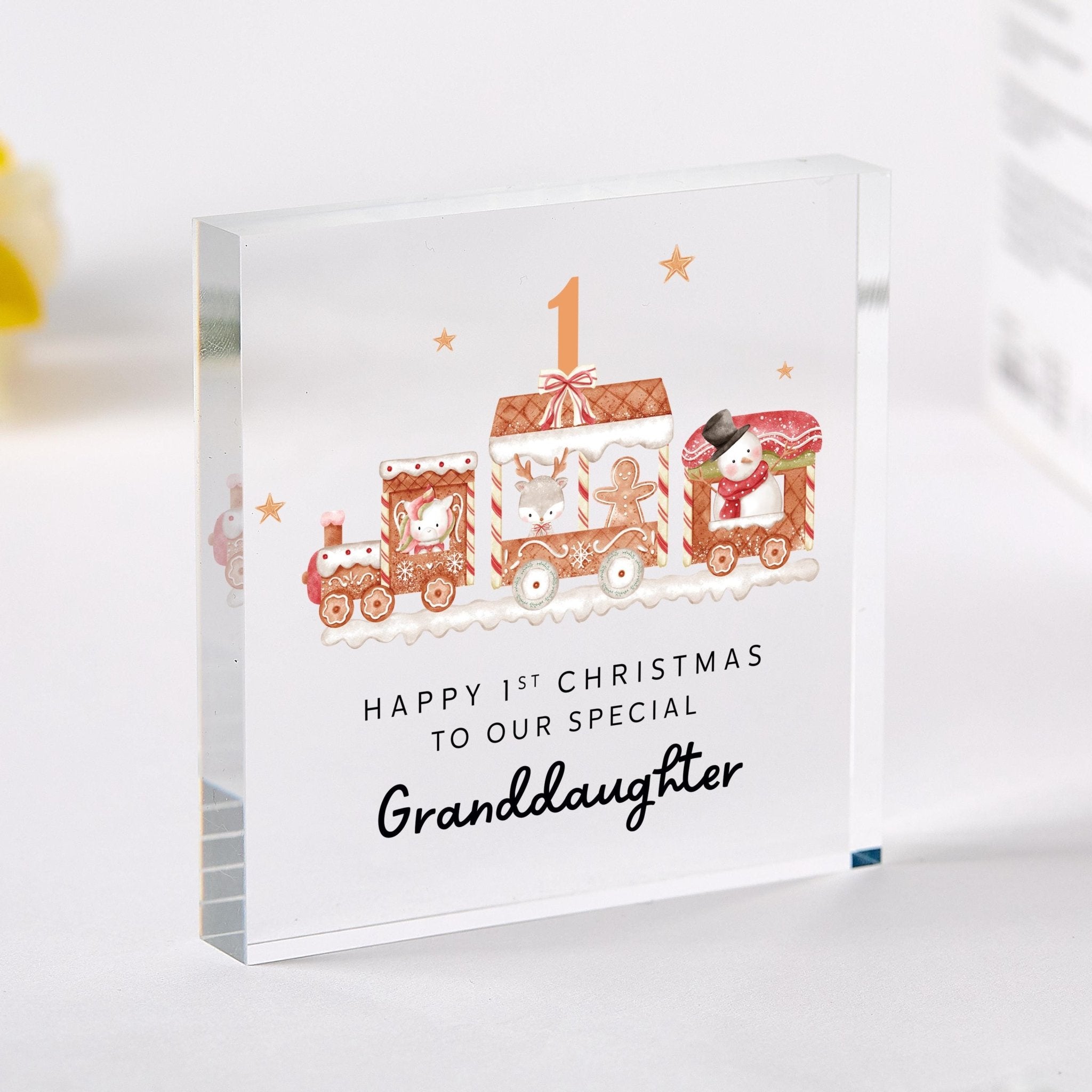Personalised Granddaughter’s First Christmas Plaque Gingerbread Train Acrylic Keepsake Gift from Grandparents