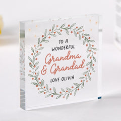 Personalised Grandma & Grandad Acrylic Plaque Gift – Floral Wreath Keepsake for Birthday, Christmas or Grandparents Day from Grandchild