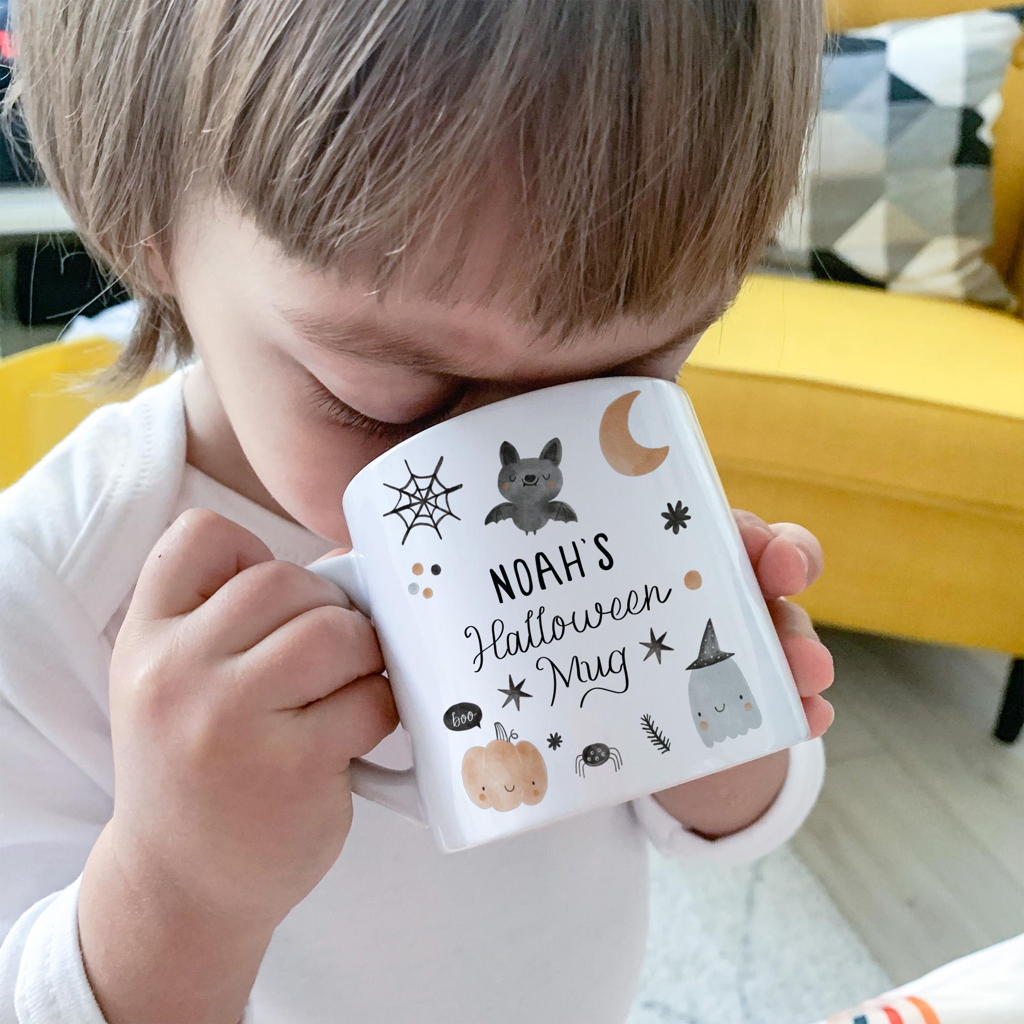 Personalised Halloween Mug, Cute Bat Ghost Pumpkin Kids Cup