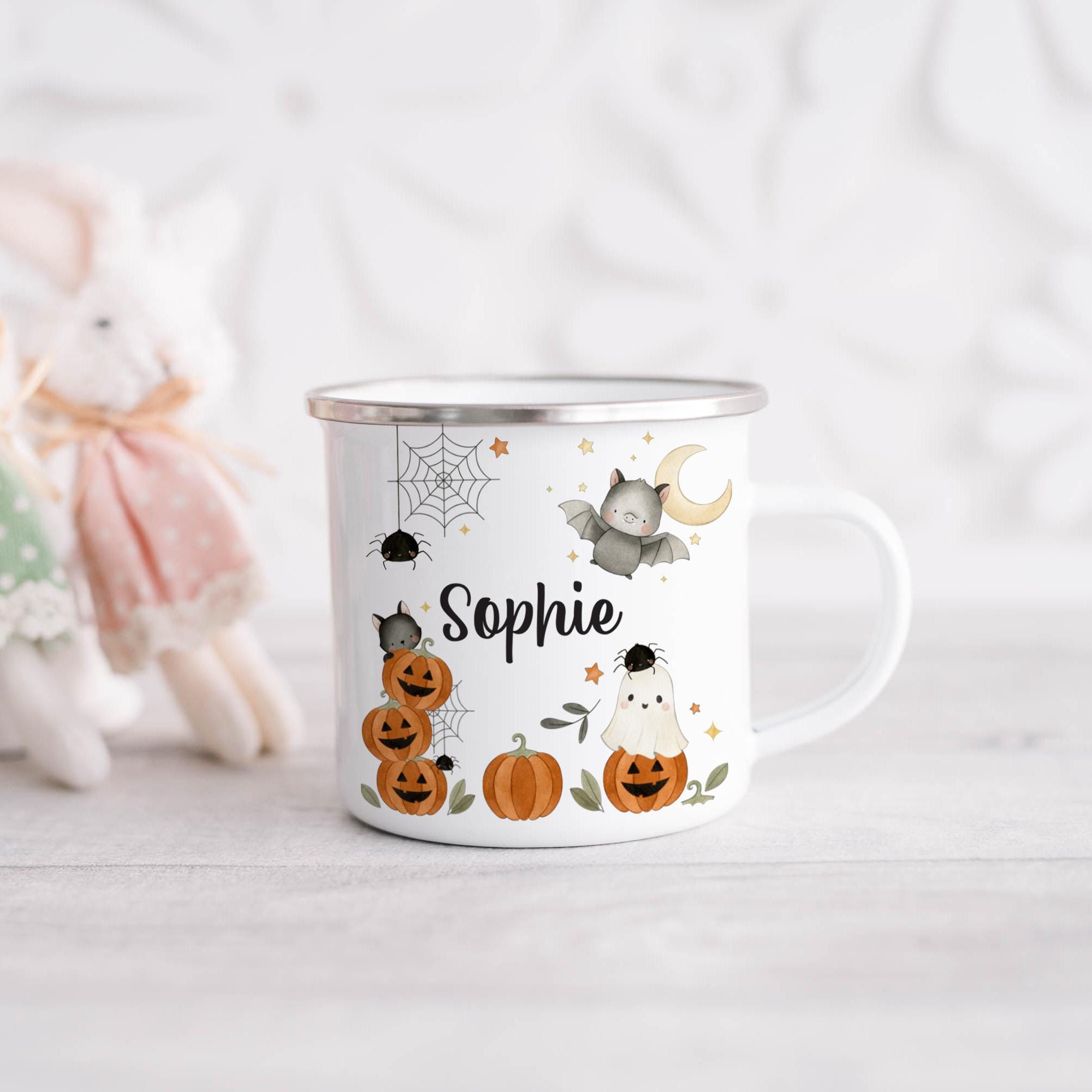 Personalised Halloween Mug, Cute Ghost Pumpkin Bat Kids Cup