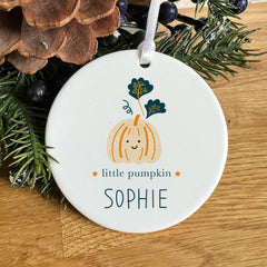 Personalised Hallowen Party ornament with name and little pumpkin text for kid nephew niece son daughter cute ceramic ornament