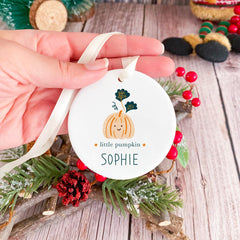 Personalised Hallowen Party ornament with name and little pumpkin text for kid nephew niece son daughter cute ceramic ornament