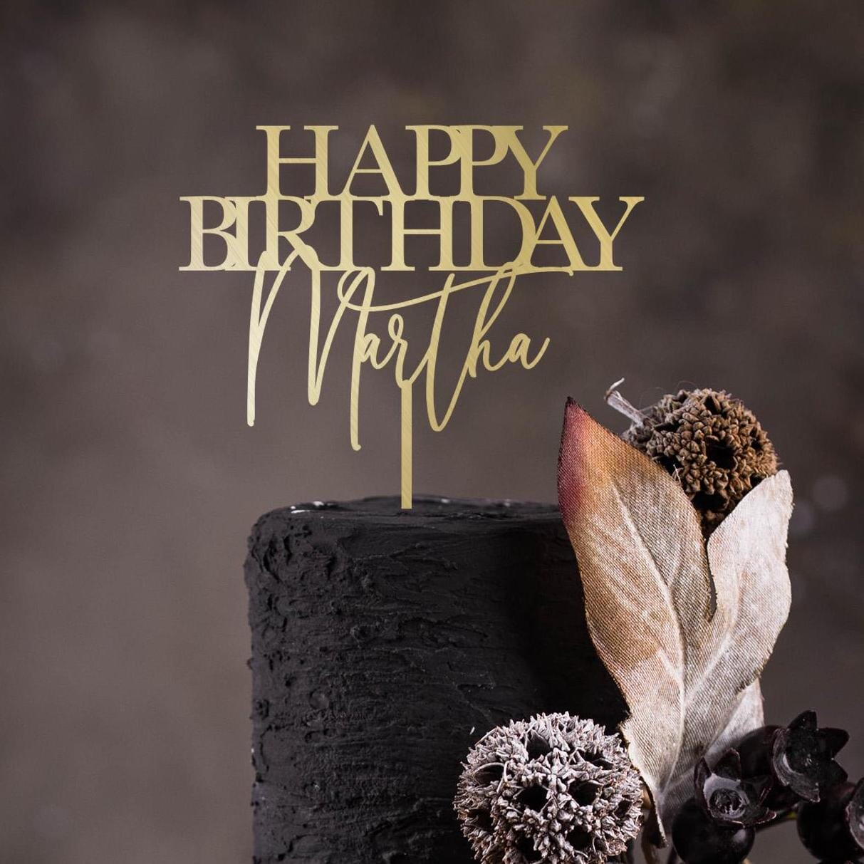 Personalised Happy Birthday Cake Topper, Custom Name, Elegant Rustic Wooden, Gold Silver Rose Gold Black Party Decoration
