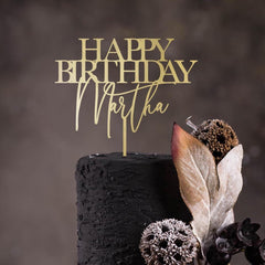 Personalised Happy Birthday Cake Topper, Custom Name, Elegant Rustic Wooden, Gold Silver Rose Gold Black Party Decoration