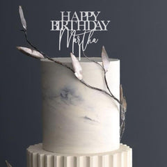 Personalised Happy Birthday Cake Topper, Custom Name, Elegant Rustic Wooden, Gold Silver Rose Gold Black Party Decoration