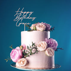 Personalised Happy Birthday Cake Topper, Custom Name, Keepsake Decor, Wooden Gold Silver Rose Gold Black Adult Kids