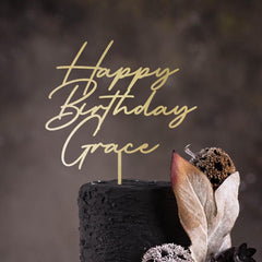 Personalised Happy Birthday Cake Topper, Custom Name, Keepsake Decor, Wooden Gold Silver Rose Gold Black Adult Kids