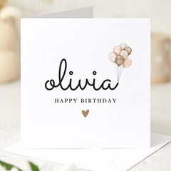 Personalised Happy Birthday Card with Balloons Modern Minimal Custom Name Design Elegant and Neutral Card for Daughter Niece Friend Family