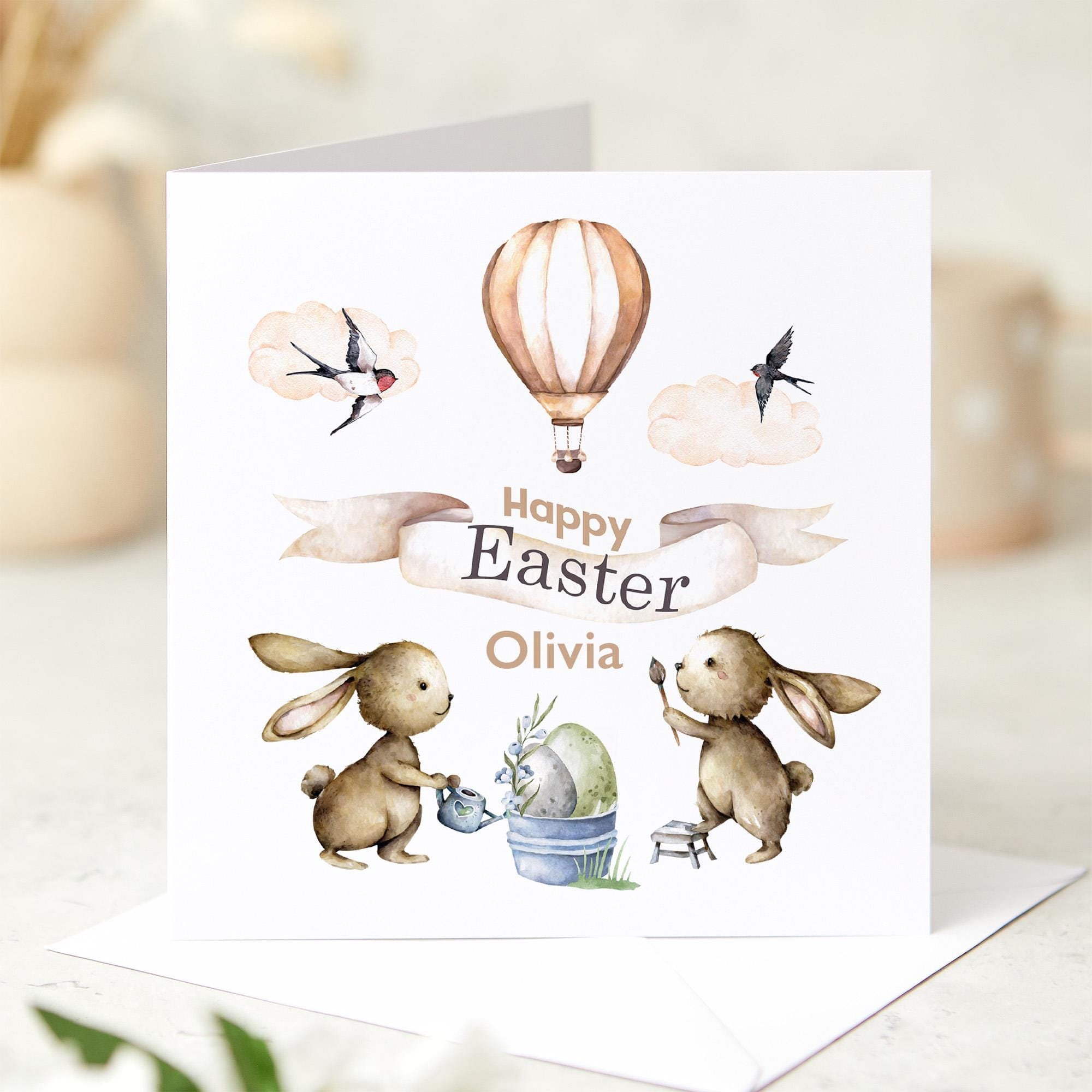 Personalised Happy Easter Card for Boy Girl Name Bunny Cute Card for Nephew Niece Son Daughter Kids Baby First Easter Gift Rabbit Card 1st