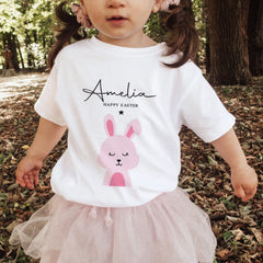 Personalised Happy Easter Kids T-Shirt With Name Baby Boy Cute Bunny Design For Boys Childrens Tshirt Bunny Tshirt