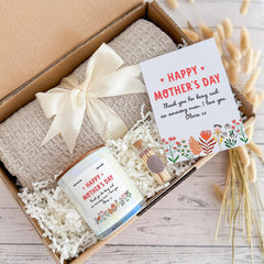 Personalised Happy Mother's Day Cosy Gift Set with Blanket Candle Mini Matches Jar and Card