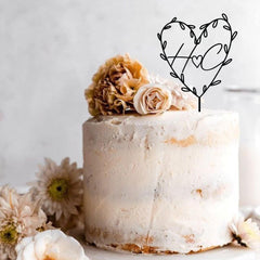 Personalised Heart Initials Cake Topper, Rustic Engagement Anniversary, Wooden Gold Silver Rose Gold Black Initials