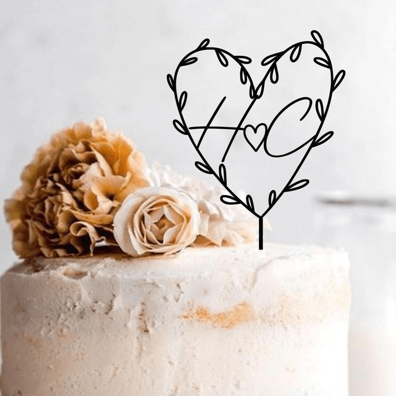 Personalised Heart Initials Cake Topper, Rustic Engagement Anniversary, Wooden Gold Silver Rose Gold Black Initials