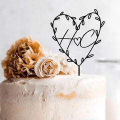 Personalised Heart Initials Cake Topper, Rustic Engagement Anniversary, Wooden Gold Silver Rose Gold Black Initials