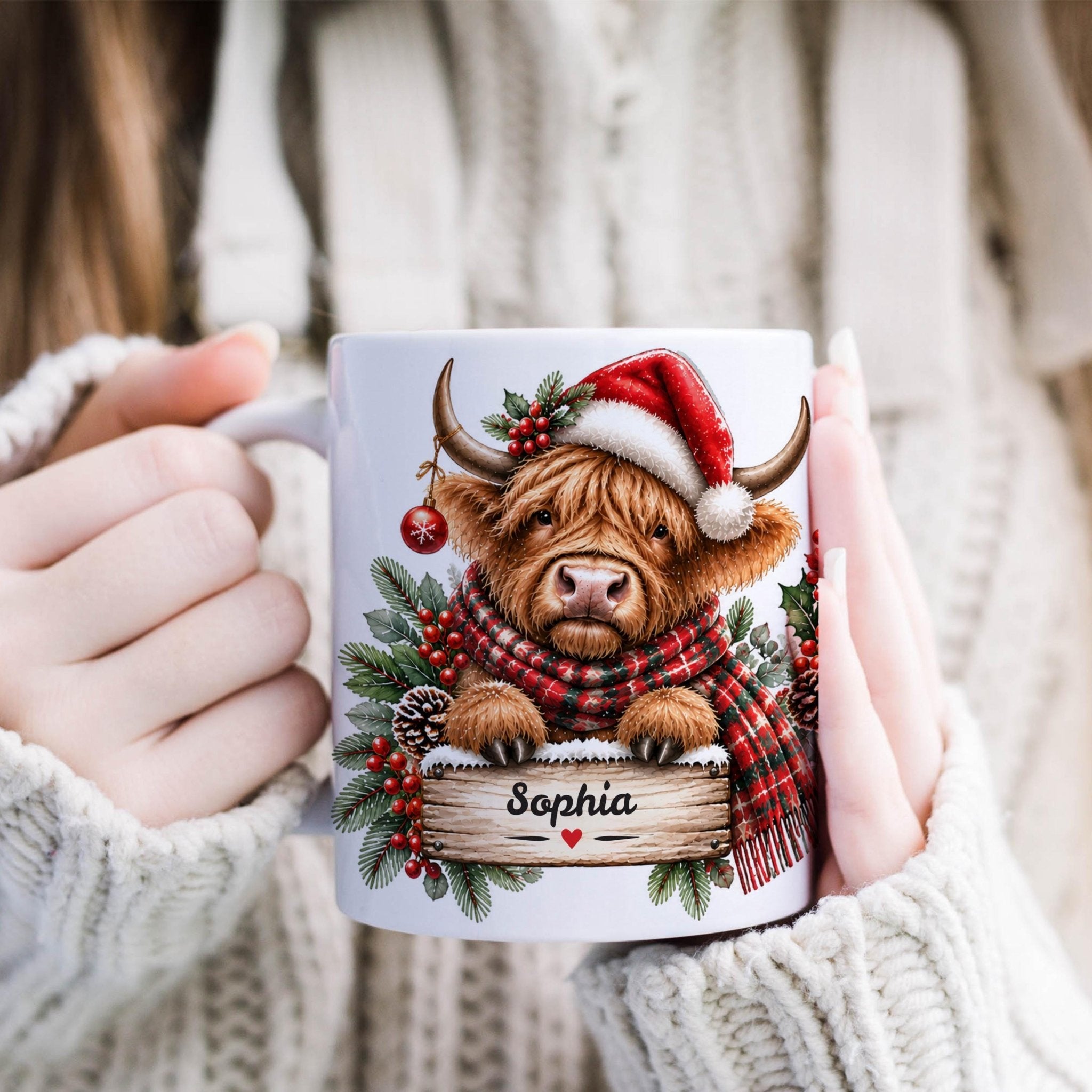 Personalised Highland Cow Christmas Mug, Custom Name Festive Gift