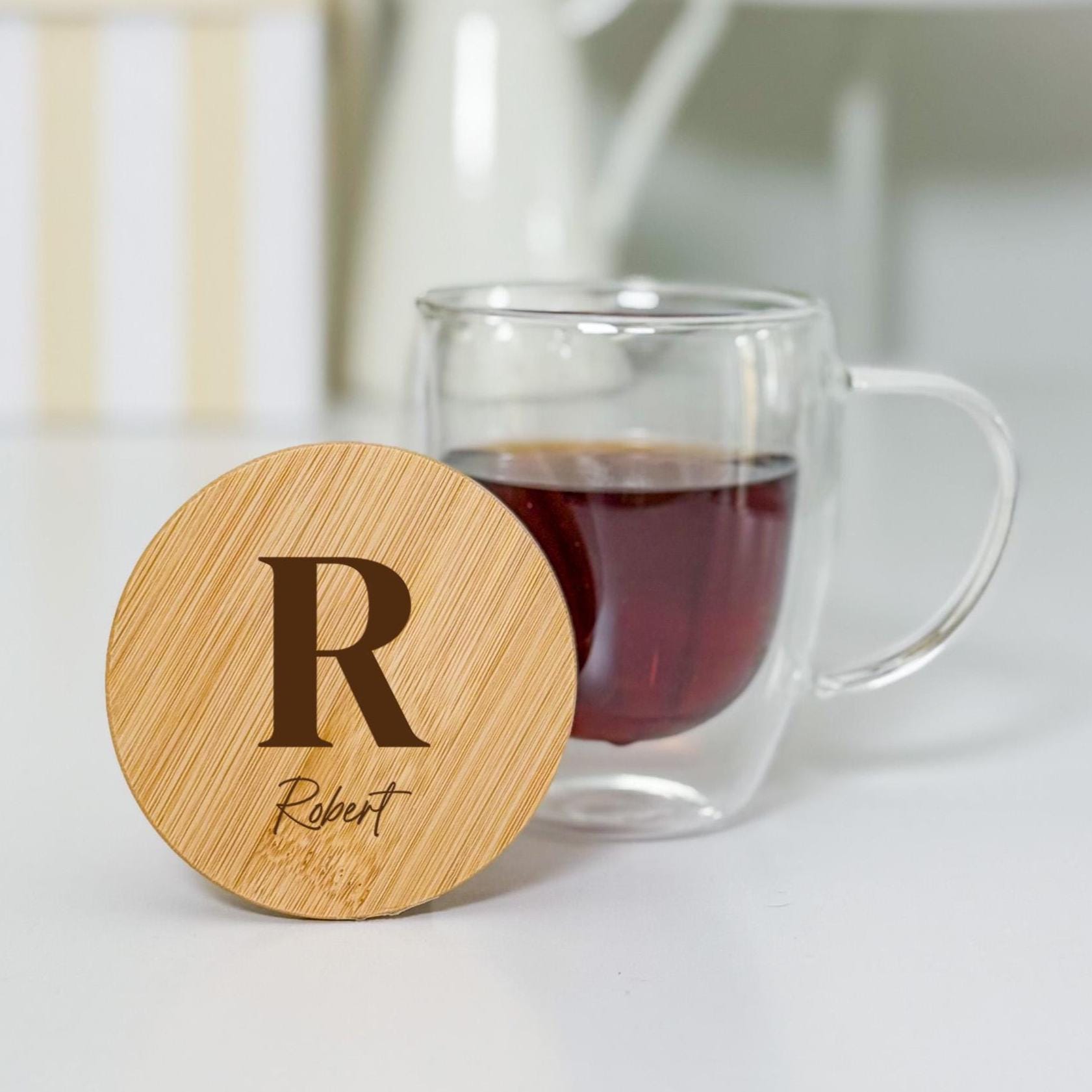 Personalised Initial Double Wall Glass Mug with Bamboo Lid – Custom Tea Cup for Him