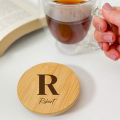 Personalised Initial Double Wall Glass Mug with Bamboo Lid – Custom Tea Cup for Him