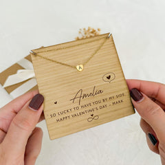 Personalised Initial Heart Necklace with Engraved Wooden Display – Valentine's Day Gift for Girlfriend, Wife