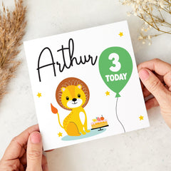 Personalised Kids 3rd Birthday Card for Boy Girl 2 Today Lion Jungle Themed with Balloon and Cake Cute Toddler Keepsake I am three